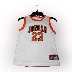 Kid’s Jordan 23 White and Orange Athletic Jersey with Shorts Set Size 6